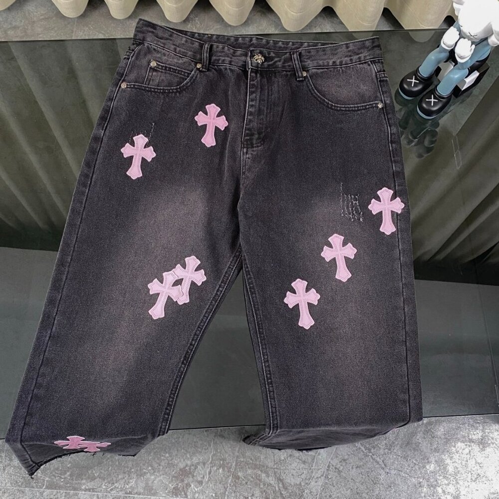 New Chrome Hearts black jeans with pink patches